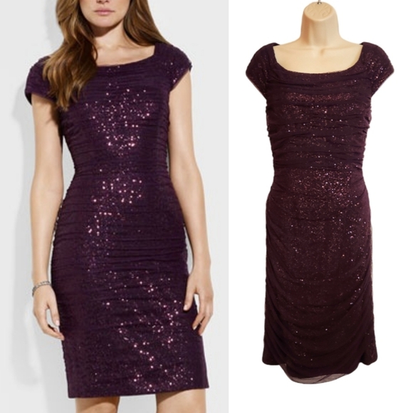 Lauren Ralph Lauren Evening Off The Shoulder Shirred Sequin Dress Plum 10 - Picture 1 of 11